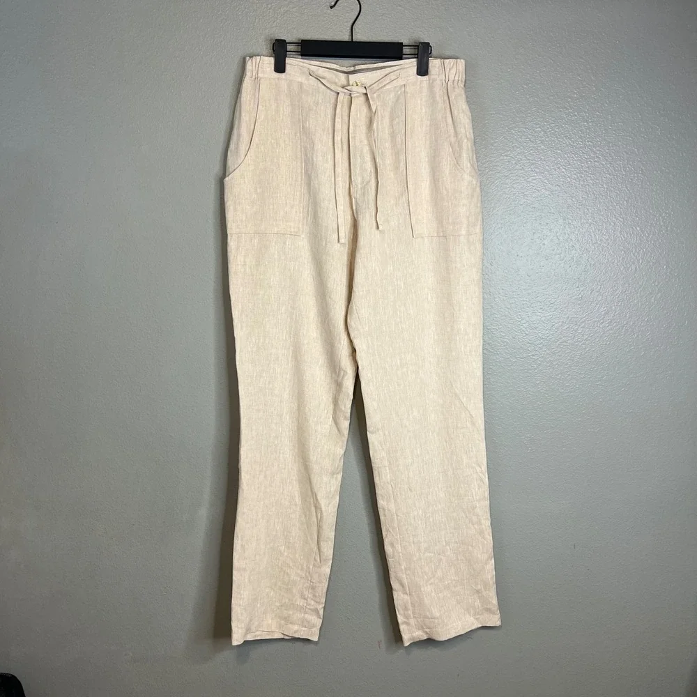 Bohio Mens Linen Pants Size L Beige Zip Drawstring Straight Leg Casual Trousers